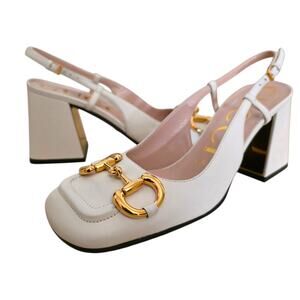 Gucci Baby Horsebit White Leather Slingback Block Heel Pumps IT 36 US 6